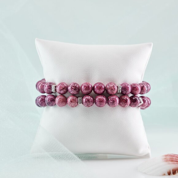 Pink Jasper Dainty Beaded Stretch Bracelet Set of 2 - Picture 4 of 11